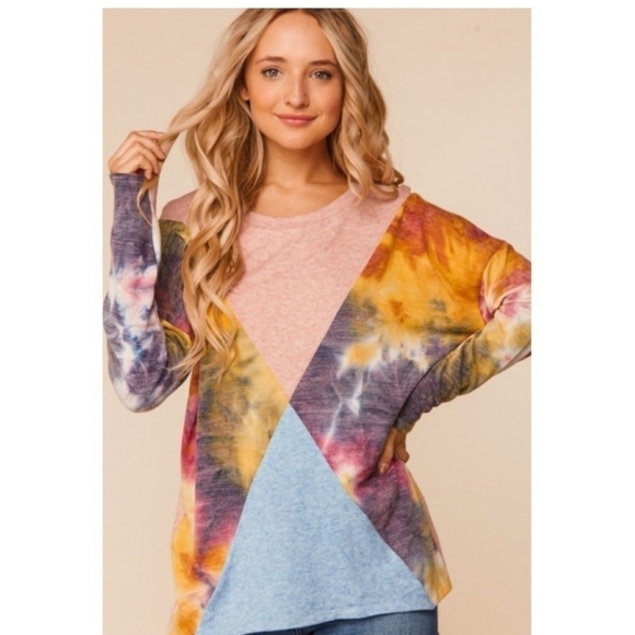 Two Tone Tie Dye Ashley Knit Lightweight Color Block Sweater - Picture 3 of 12